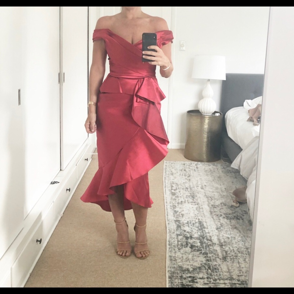 Red Marchesa evening gown